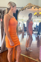Load image into Gallery viewer, Orange One Shoulder Bodycon Homecoming Dress with Fringen