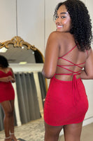 Load image into Gallery viewer, Red Spaghetti Straps Tight Homecoming Dress with Cross Back