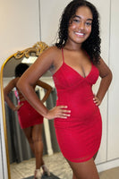 Load image into Gallery viewer, Red Spaghetti Straps Tight Homecoming Dress with Cross Back