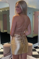 Load image into Gallery viewer, Sparkly Gold Spaghetti Straps Bodycon Homecoming Dress with Beading