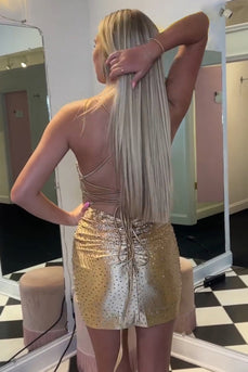 Sparkly Gold Spaghetti Straps Bodycon Homecoming Dress with Beading