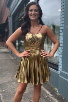 Silver Spaghetti Straps A-Line Pleated Homecoming Dress