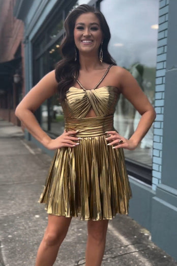 Spaghetti Straps Gold A-Line Pleated Homecoming Dress