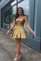 Load image into Gallery viewer, Spaghetti Straps Gold A-Line Pleated Homecoming Dress