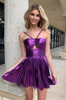Load image into Gallery viewer, Golden Spaghetti Straps A-Line Pleated Homecoming Dress