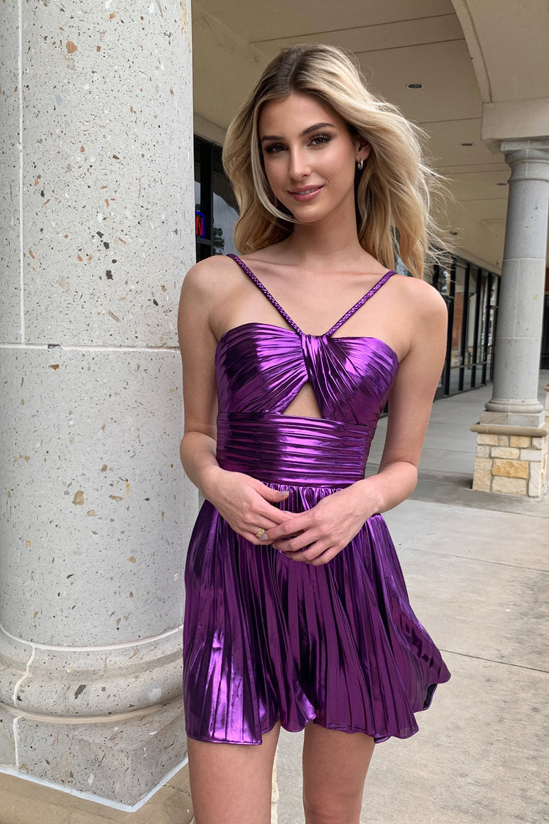 Load image into Gallery viewer, Spaghetti Straps Gold A-Line Pleated Homecoming Dress