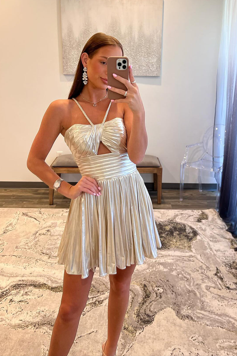 Load image into Gallery viewer, Spaghetti Straps Gold A-Line Pleated Homecoming Dress