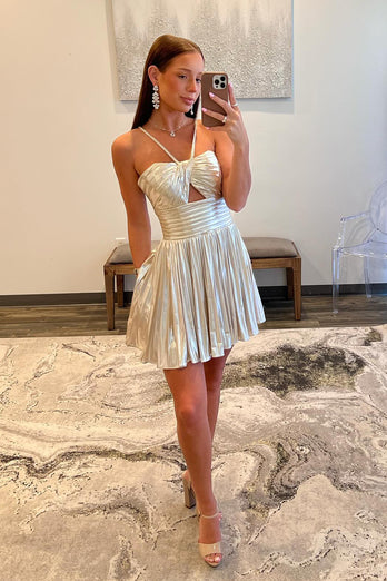 Spaghetti Straps Gold A-Line Pleated Homecoming Dress