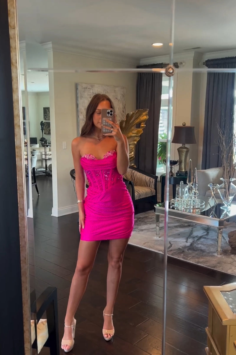 Load image into Gallery viewer, Sparkly Fuchsia Bodycon Corset Homecoming Dress with Beading