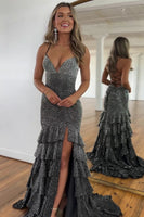 Load image into Gallery viewer, Glitter Spaghetti Straps Black Mermaid Prom Dress with Ruffles