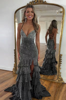 Load image into Gallery viewer, Glitter Spaghetti Straps Black Mermaid Prom Dress with Ruffles
