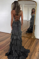 Load image into Gallery viewer, Glitter Spaghetti Straps Black Mermaid Prom Dress with Ruffles
