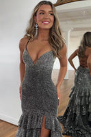 Load image into Gallery viewer, Glitter Spaghetti Straps Black Mermaid Prom Dress with Ruffles