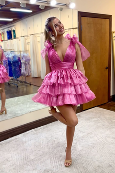A-Line Pink V-Neck Tiered Short Homecoming Dress
