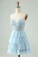 Load image into Gallery viewer, Sweetheart Light Blue Corset Short Homcoming Dress with Appliques