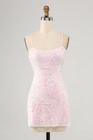 Load image into Gallery viewer, Sparkly Spaghetti Straps Pink Tight Homecoming Dress with Sequins