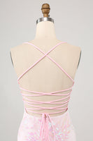 Load image into Gallery viewer, Sparkly Spaghetti Straps Pink Tight Homecoming Dress with Sequins
