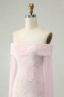 Load image into Gallery viewer, Sparkly Pink Off The Shoulder Sequined Homecoming Dress with Long Sleeves