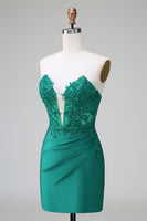 Load image into Gallery viewer, Dark Green Strapless Bodycon Satin Homecoming Dress mit Appliques