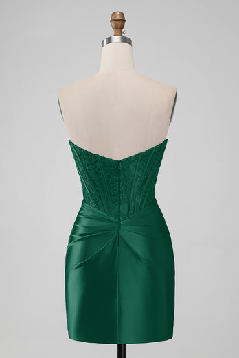 Red Bateau Neck Strapsless Corset Ruched Homecoming Dress