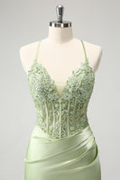 Load image into Gallery viewer, Spaghetti Straps Green Bodycon Satin Homecoing Dress with Appliques