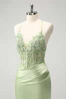Load image into Gallery viewer, Spaghetti Straps Green Bodycon Satin Homecoing Dress with Appliques