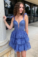 Load image into Gallery viewer, Sparkly Blue A-Line Tiered Short Homecoming Dress with Sequins