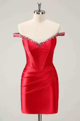 Red Off The Shoulder Bodycon Homecoming Dress with Sequins