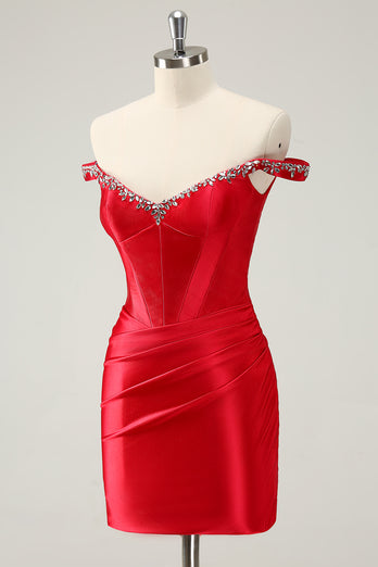 Red Off The Shoulder Bodycon Homecoming Dress with Sequins