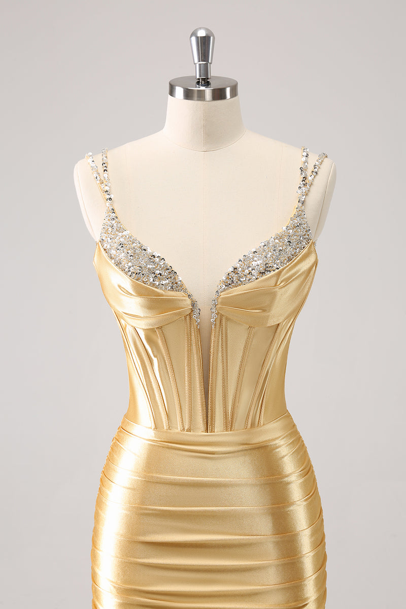 Load image into Gallery viewer, Golden Spaghetti Straps Bodycon Homecoming Dress with Sequins