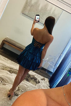 Sparkly Peacock Blue A-Line Sweetheart Homecoming Dress with Ruffles
