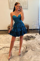 Load image into Gallery viewer, Sparkly Peacock Blue A-Line Sweetheart Homecoming Dress with Ruffles