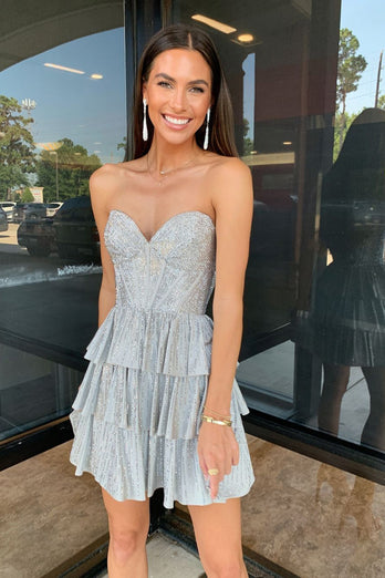 Sparkly A-Line Grey Sweetheart Short Homecoming Dress with Ruffles
