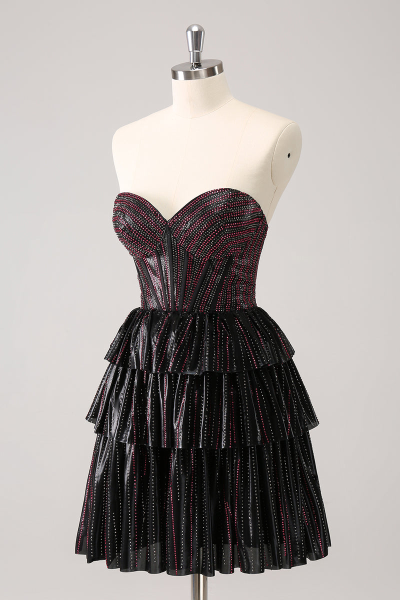 Load image into Gallery viewer, Sparkly Black Pink Sweetheart Tiered Homecoming Dress with Beading