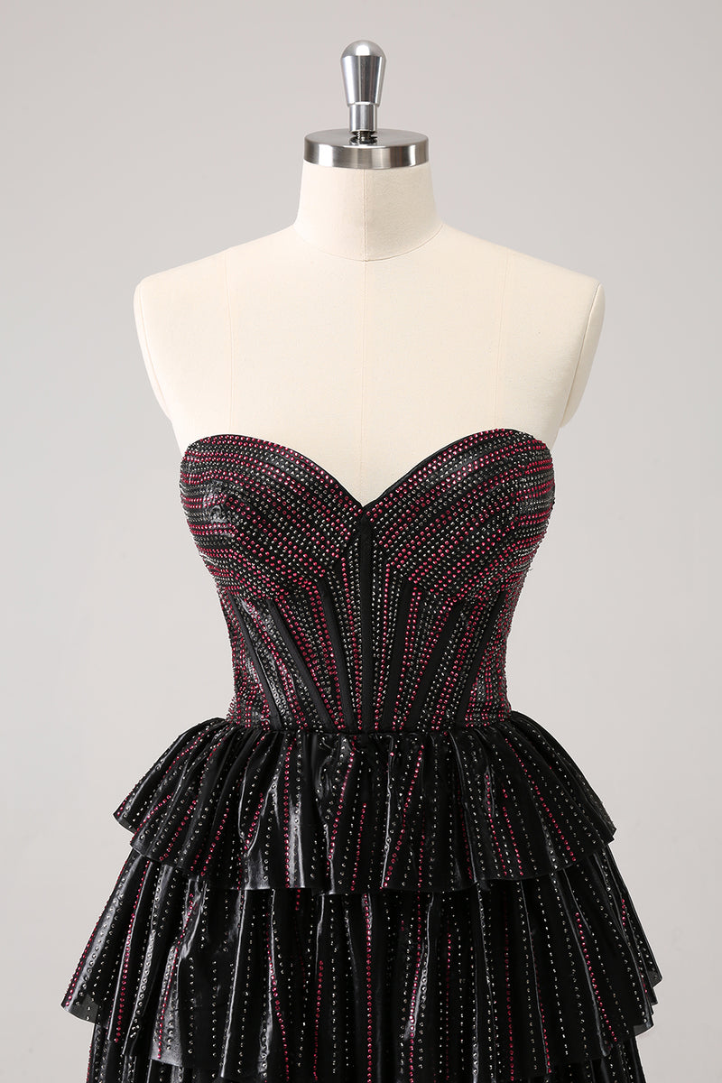 Load image into Gallery viewer, Sparkly Black Pink Sweetheart Tiered Homecoming Dress with Beading