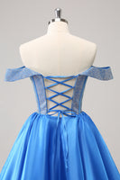 Load image into Gallery viewer, Off The Shoulder Blue A-Line Short Homecoming Dress with Beading