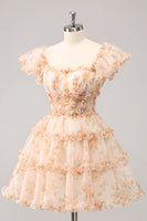 Load image into Gallery viewer, Yellow A-Line Floral Tulle Homecoming Dress with Puff Sleeves