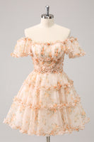 Load image into Gallery viewer, Yellow A-Line Floral Tulle Homecoming Dress with Puff Sleeves