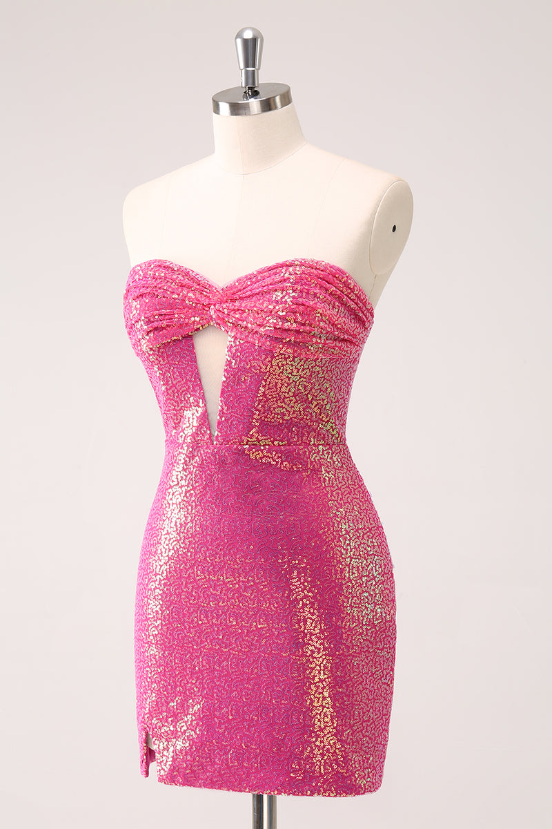 Load image into Gallery viewer, Sparkly Fuchsia Sweetheart Tight Short Homecoming Dress with Keyhole