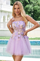 Load image into Gallery viewer, Purple A-Line Spaghetti Straps Floral Short Homecoming Dress