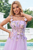 Load image into Gallery viewer, Purple A-Line Spaghetti Straps Floral Short Homecoming Dress