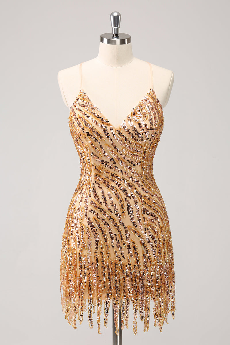 Load image into Gallery viewer, Sparkly Spaghetti Straps Hot Pink Sequined Homecoming Dress with Fringen