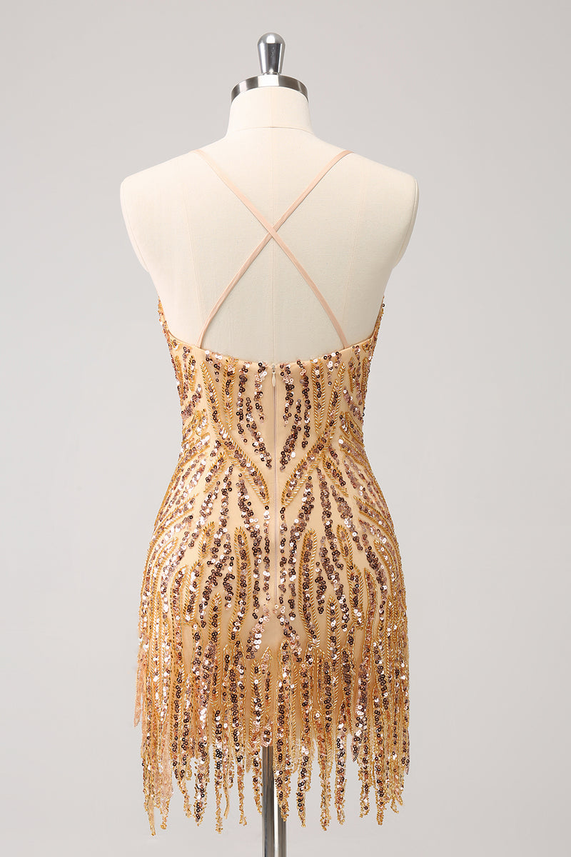 Load image into Gallery viewer, Sparkly Spaghetti Straps Hot Pink Sequined Homecoming Dress with Fringen