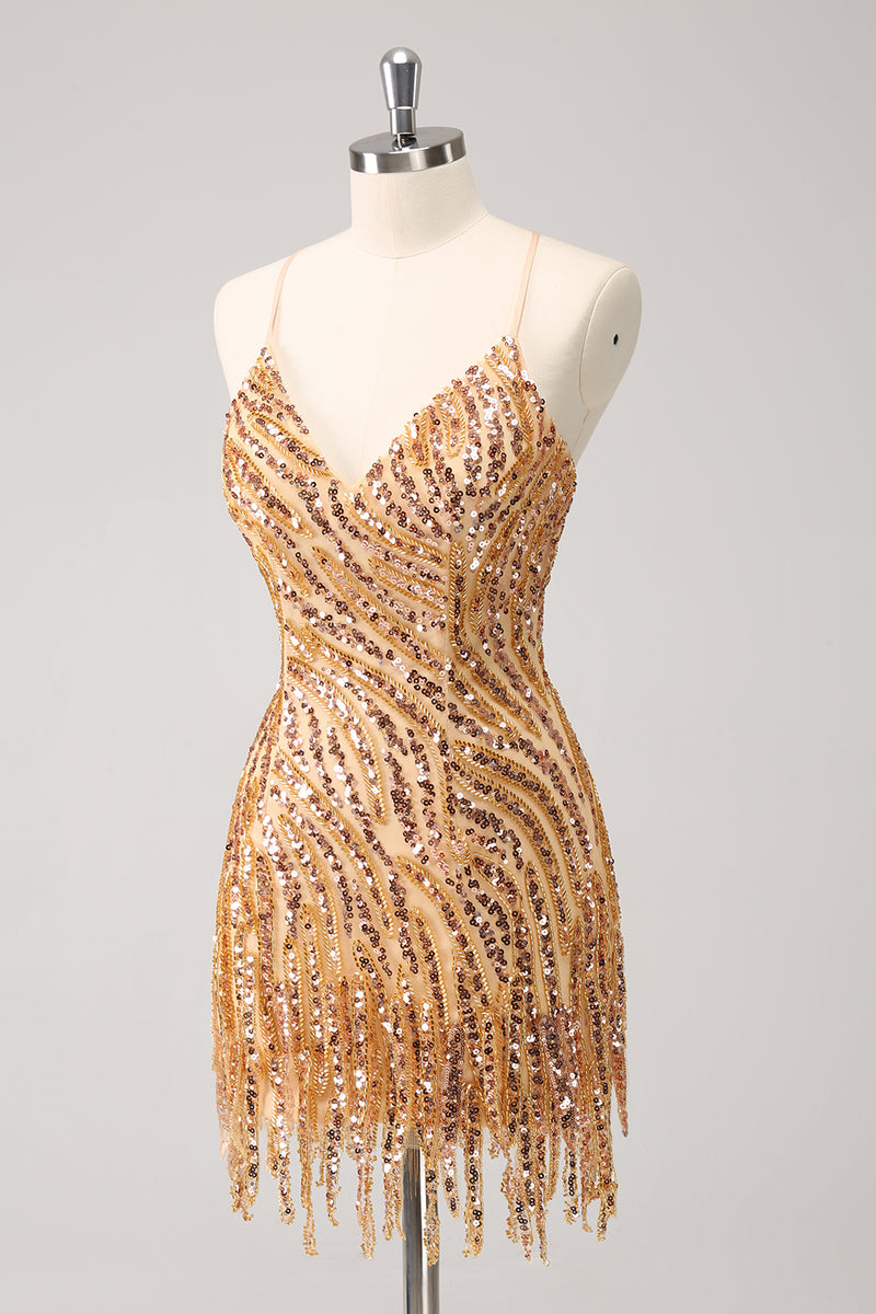 Load image into Gallery viewer, Sparkly Spaghetti Straps Hot Pink Sequined Homecoming Dress with Fringen