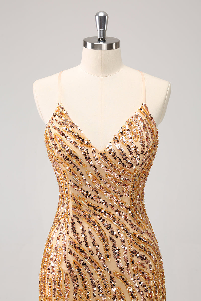 Load image into Gallery viewer, Sparkly Spaghetti Straps Hot Pink Sequined Homecoming Dress with Fringen