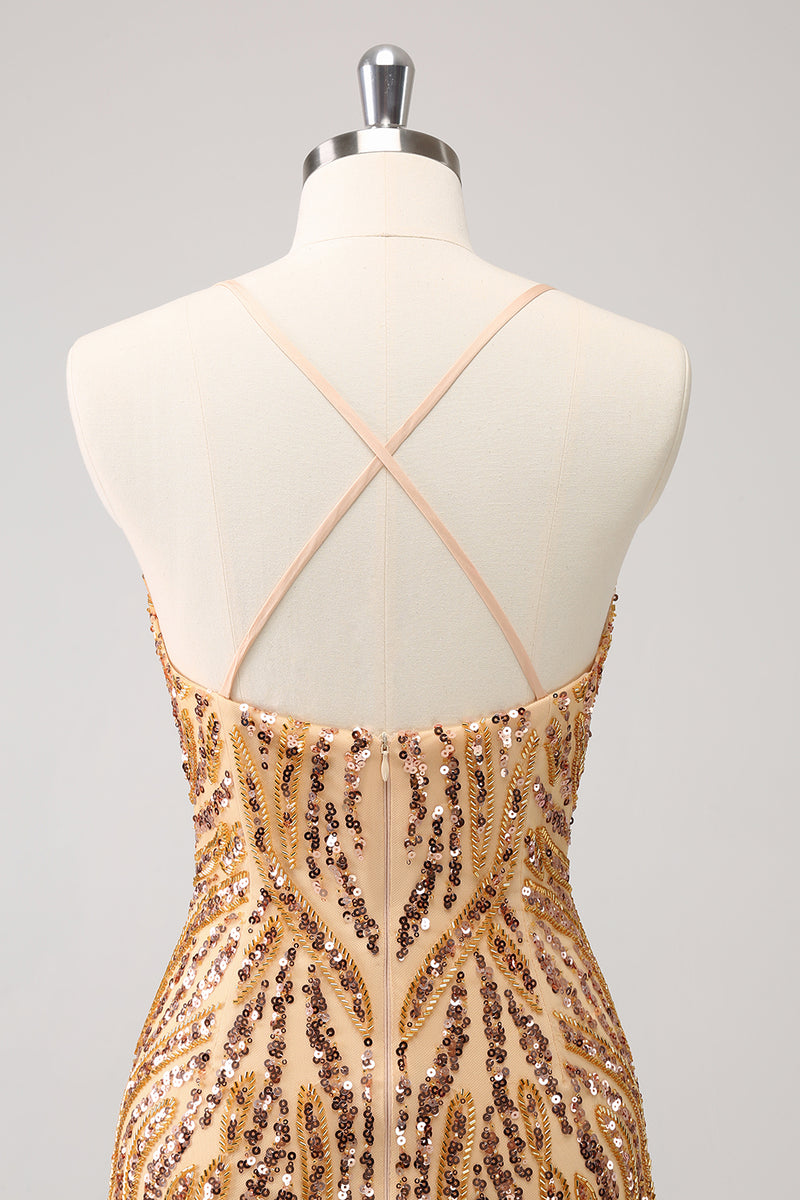 Load image into Gallery viewer, Sparkly Spaghetti Straps Hot Pink Sequined Homecoming Dress with Fringen