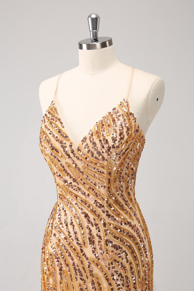 Load image into Gallery viewer, Sparkly Spaghetti Straps Hot Pink Sequined Homecoming Dress with Fringen