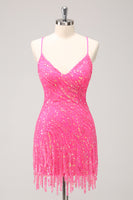 Load image into Gallery viewer, Sparkly Golden Spaghetti Straps Short Homecoming Dress with Fringen