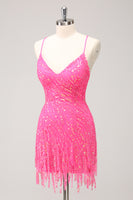 Load image into Gallery viewer, Sparkly Golden Spaghetti Straps Short Homecoming Dress with Fringen