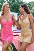 Load image into Gallery viewer, Sparkly Hot Pink Spaghetti Straps Sequined Homecoming Dress with Fringen